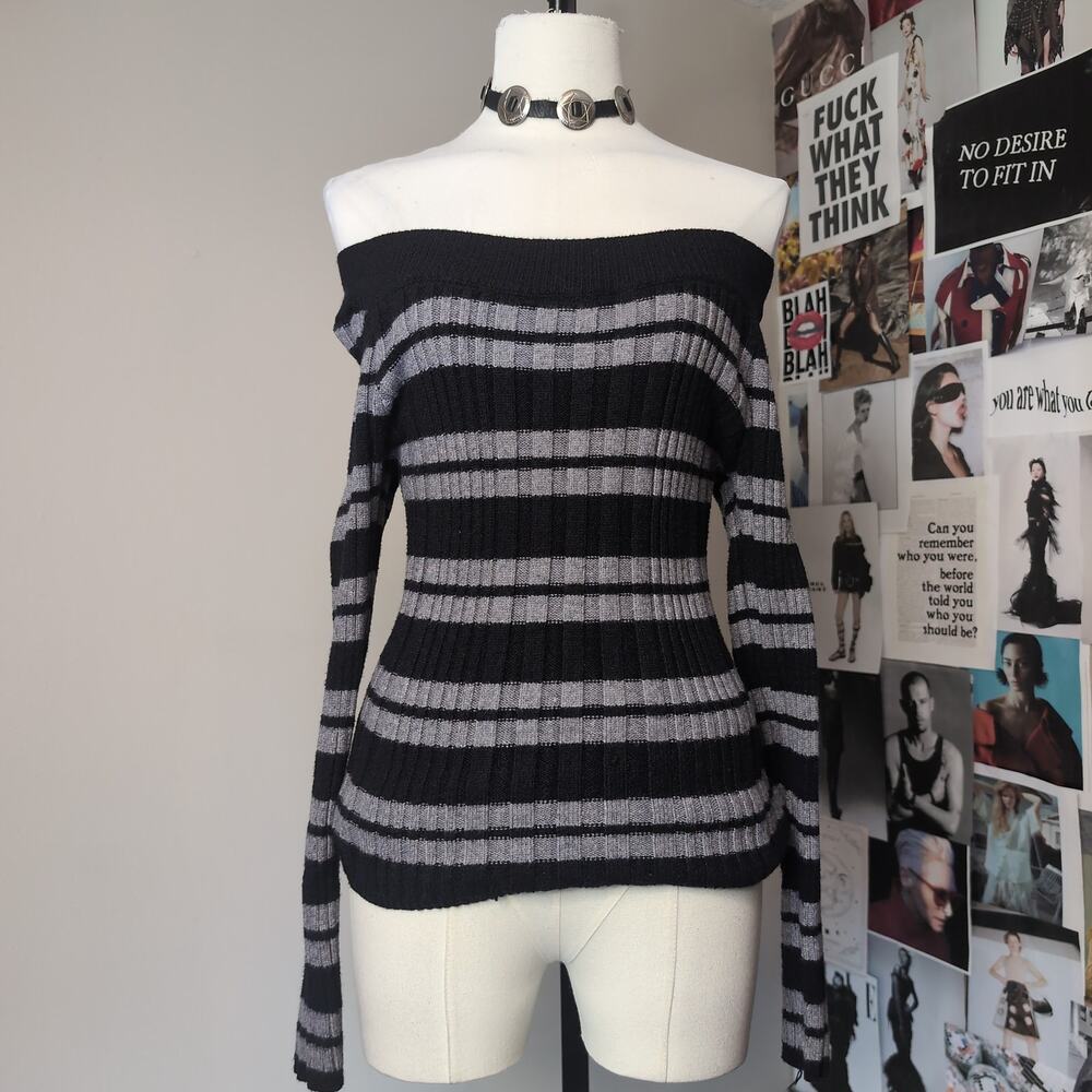 Striped Ribbed Knit Off Shoulder Sweater
